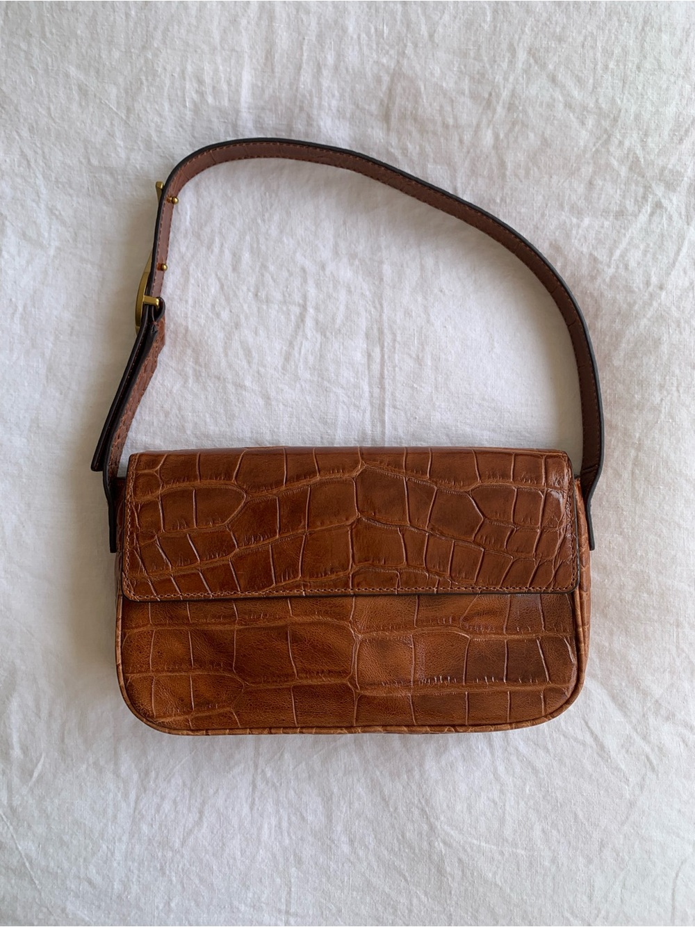 NWOT Staud Tommy Croc Crocodile Leather Shoulder Bag Purse Saddle Brown Tan - Picture 3 of 9